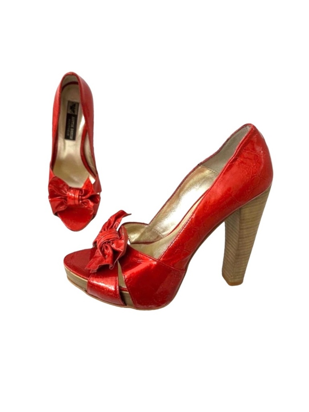 Antik Denim LEIF Sexy Crackled Patent Leather Pumps Platform Peep/Open Toe Bow